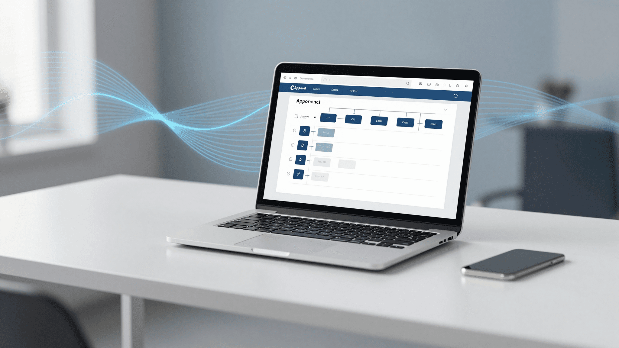 Workflow-Diagramm auf Laptop zeigt Freigabe-Checkpoints in einer KI-Automatisierung