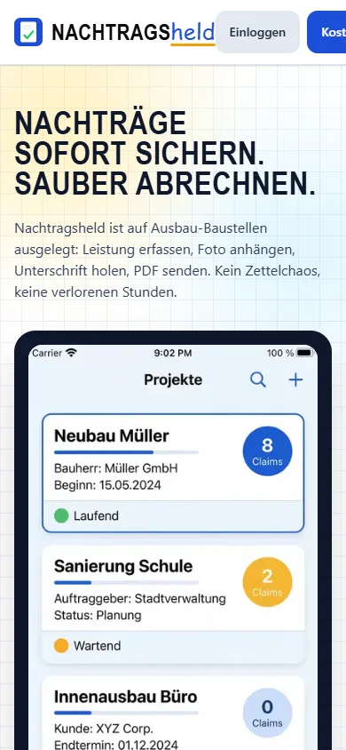 Ansicht der Website Nachtragsheld auf dem Smartphone